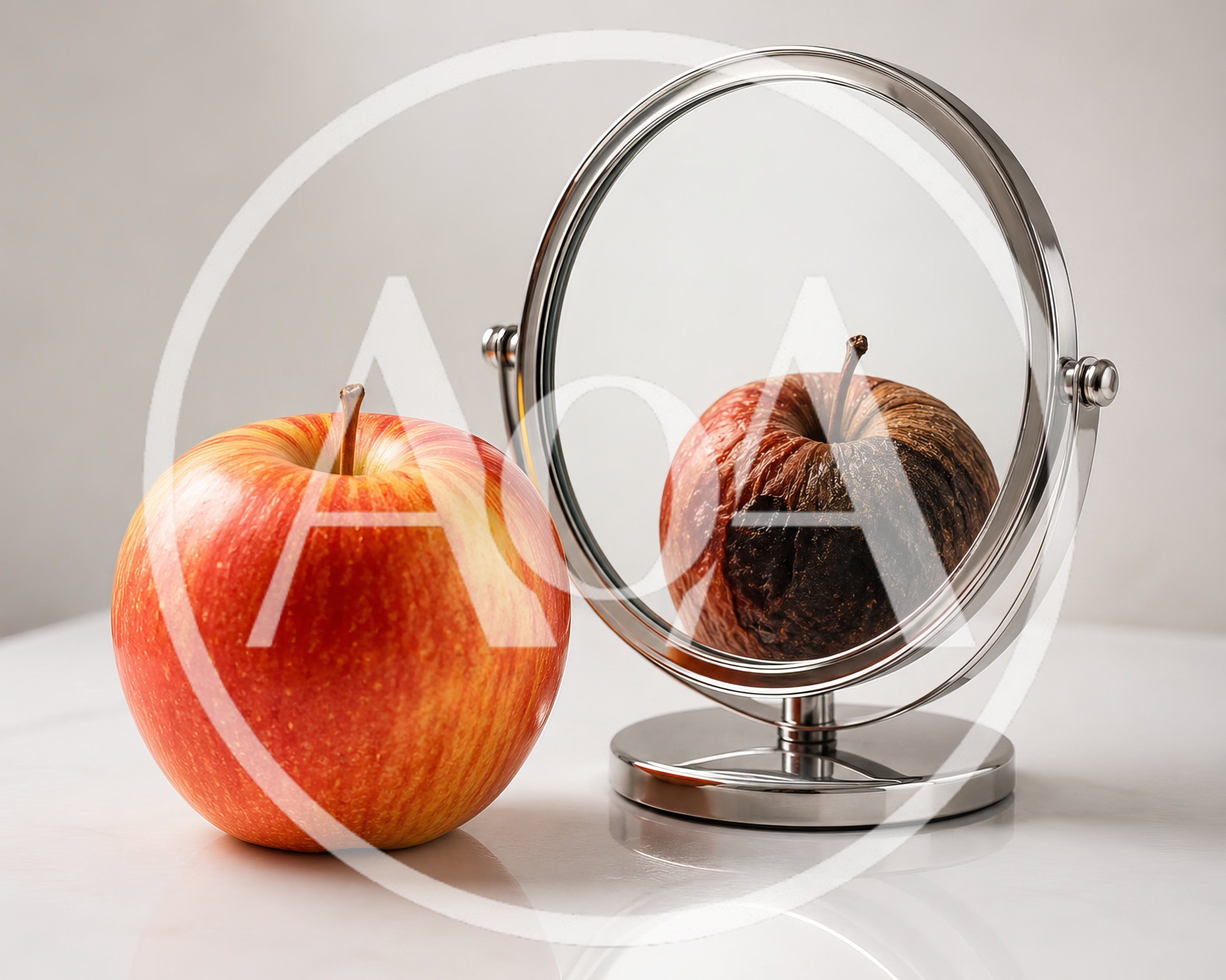 Fresh Apple Reflected As Rotten In A Mirror