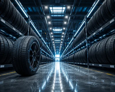 Tire Warehouse Interior With Rows Of Stored Tires