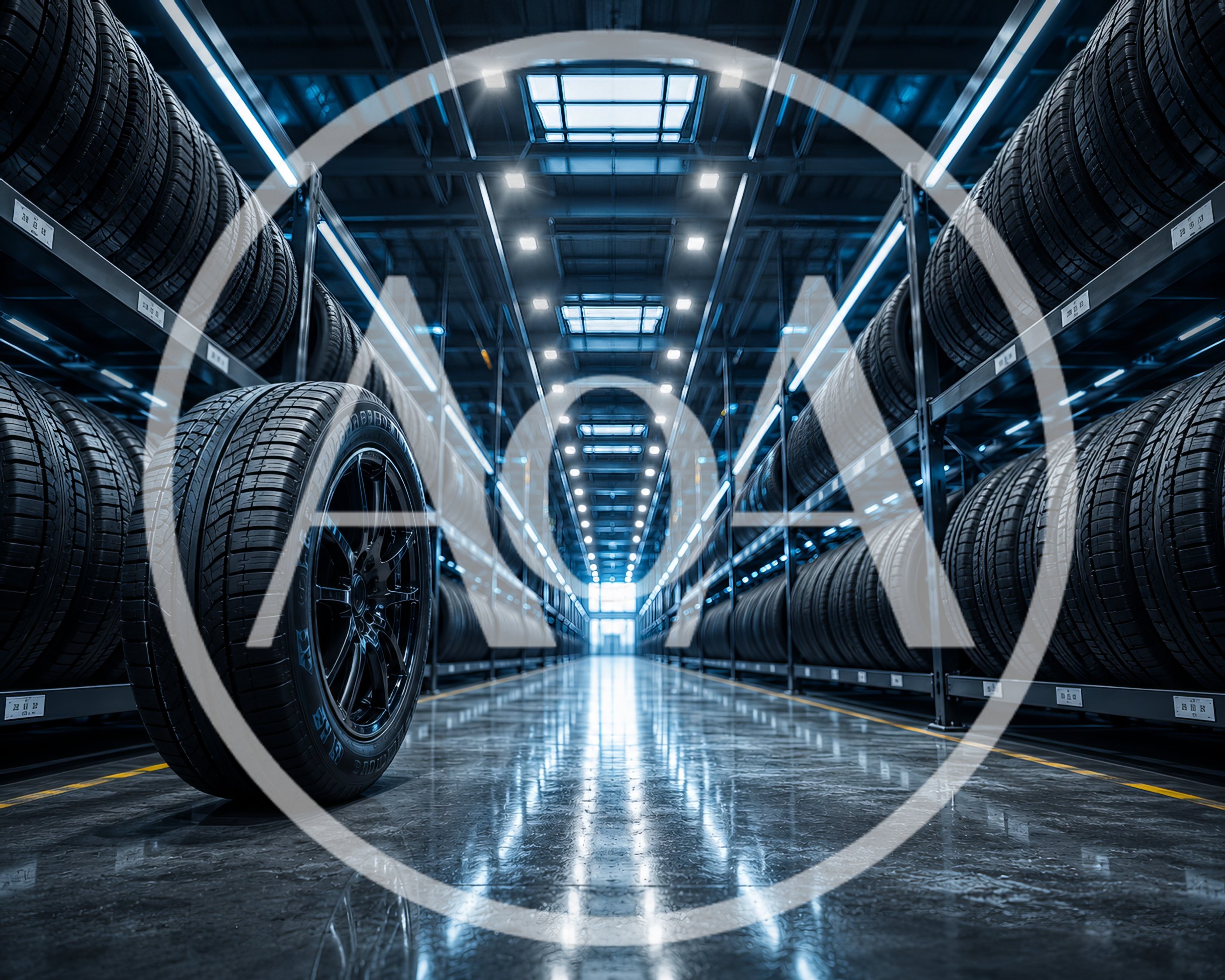 Tire Warehouse Interior With Rows Of Stored Tires