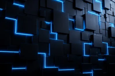 Abstract Dark Geometric Wall With Glowing Blue Neon Lights