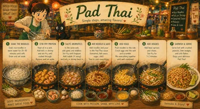 Illustrated Pad Thai Recipe Infographic With Anime Style
