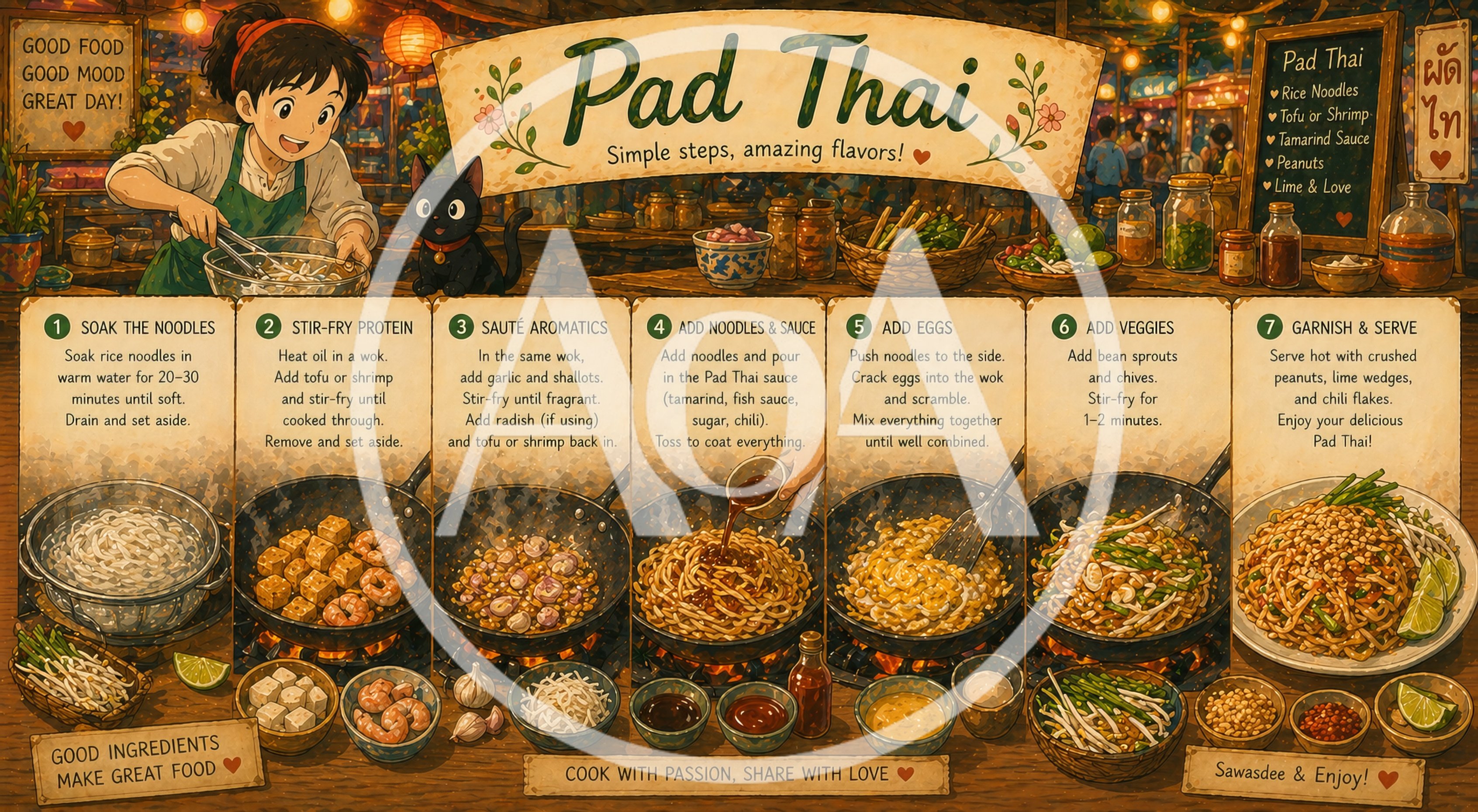 Illustrated Pad Thai Recipe Infographic With Anime Style