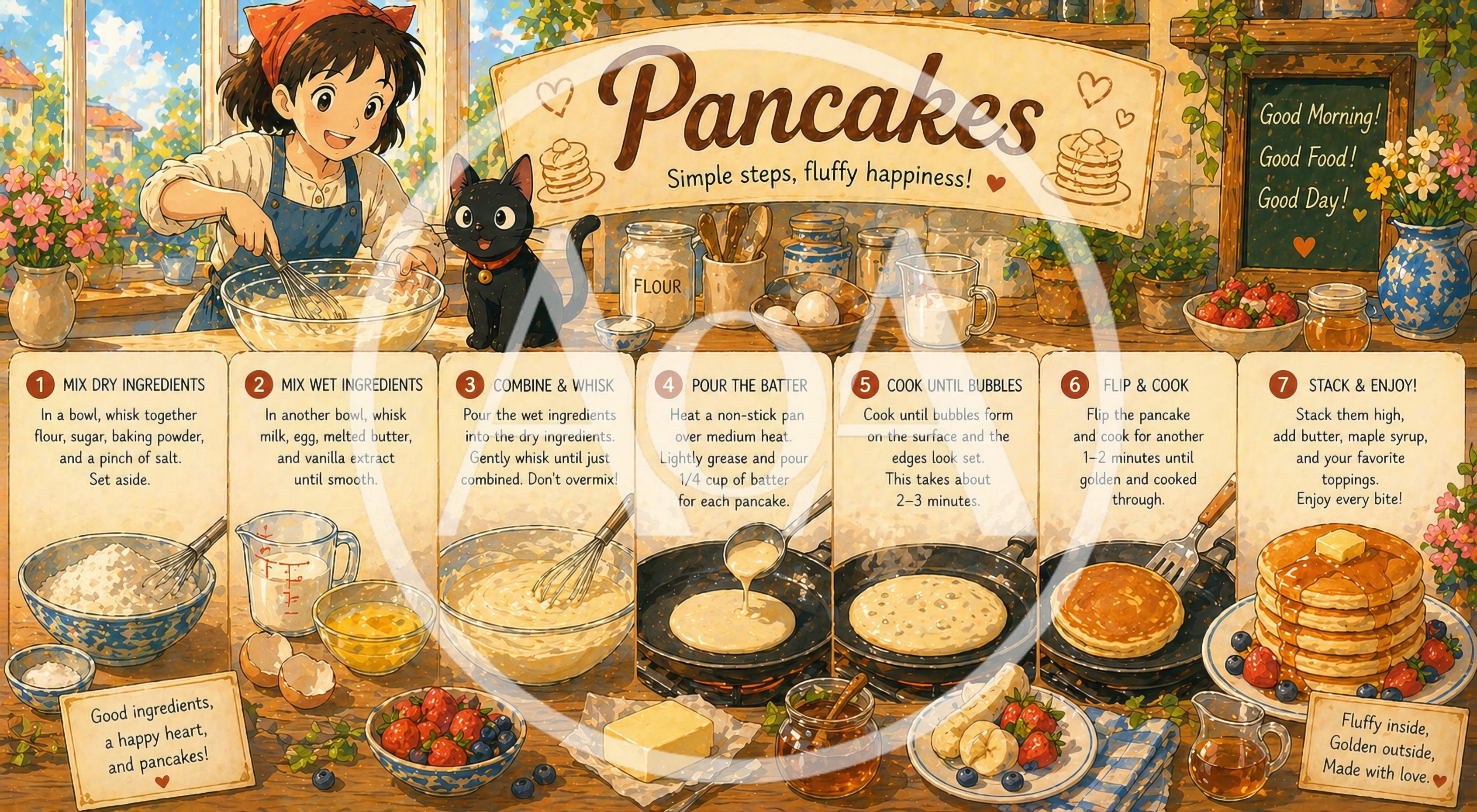 Illustrated Pancake Recipe Infographic With Anime Style Character
