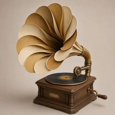 Vintage Gramophone With Ornate Petal Shaped Horn