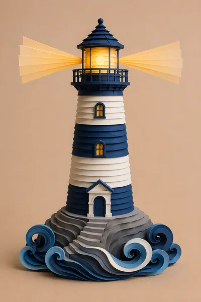 Papercraft Lighthouse Model With Stylized Ocean Waves