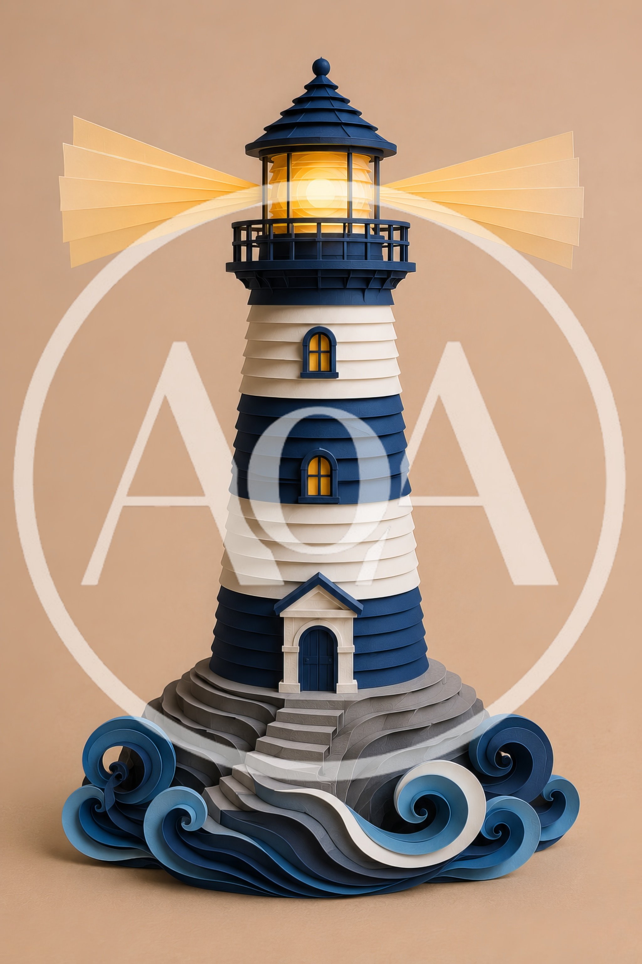 Papercraft Lighthouse Model With Stylized Ocean Waves