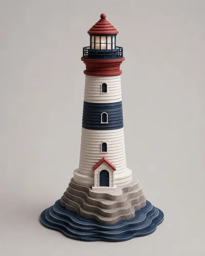 Papercraft Lighthouse Model On Layered Ocean Base