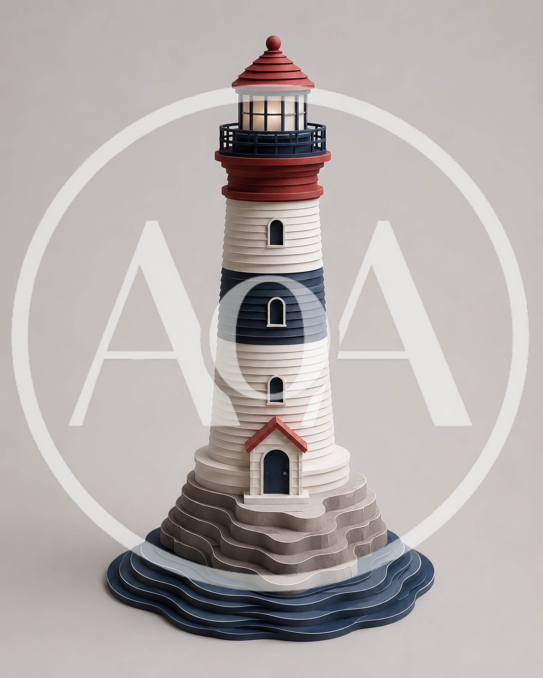 Papercraft Lighthouse Model On Layered Ocean Base