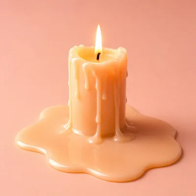 Lit Candle Melting On A Solid Peach Background