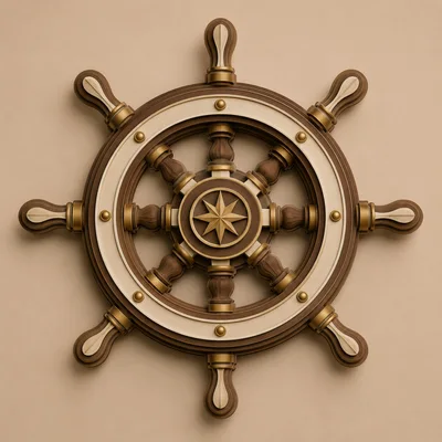 Wooden Ship Steering Wheel With Nautical Star Emblem