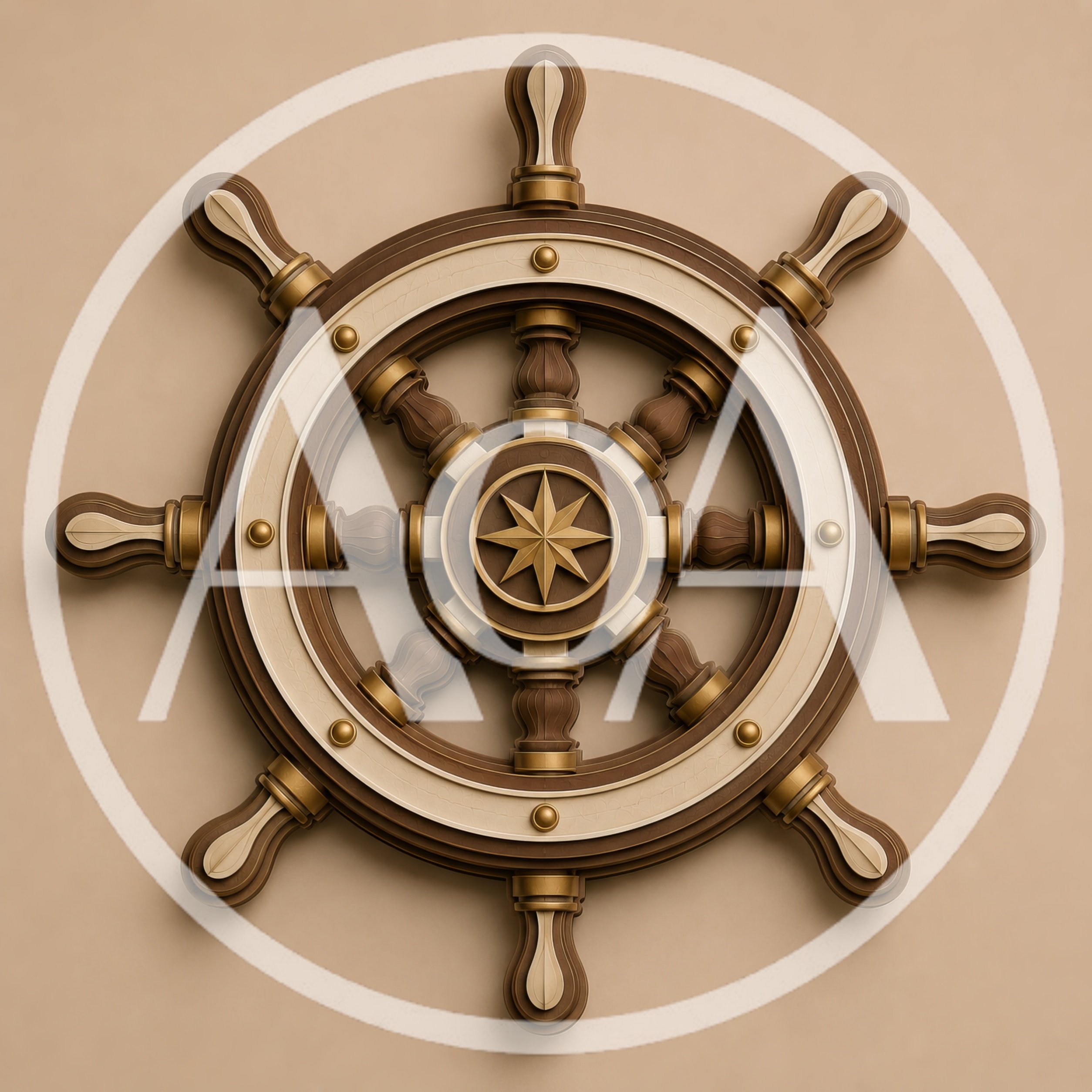 Wooden Ship Steering Wheel With Nautical Star Emblem