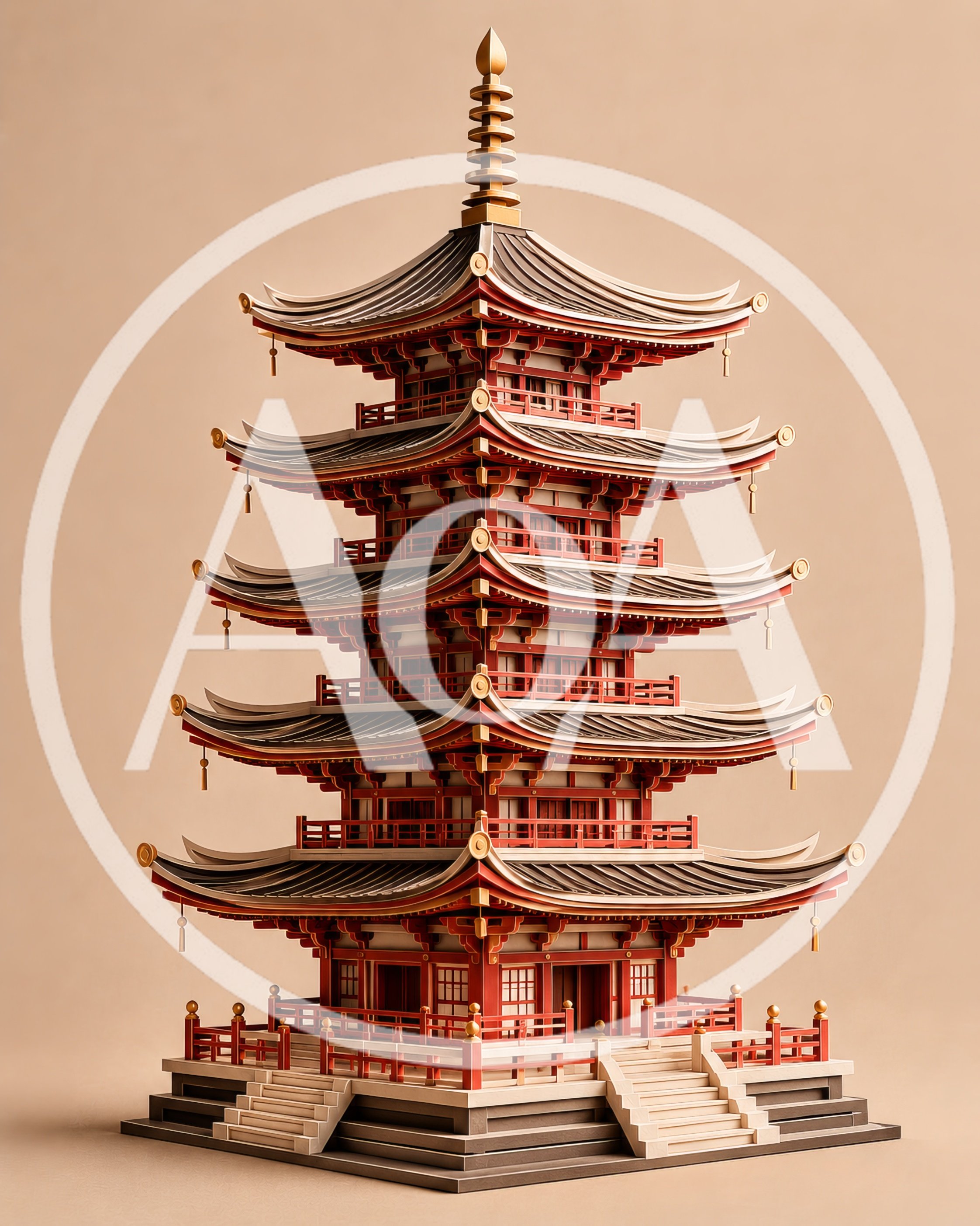 Miniature Five Story Japanese Pagoda Model