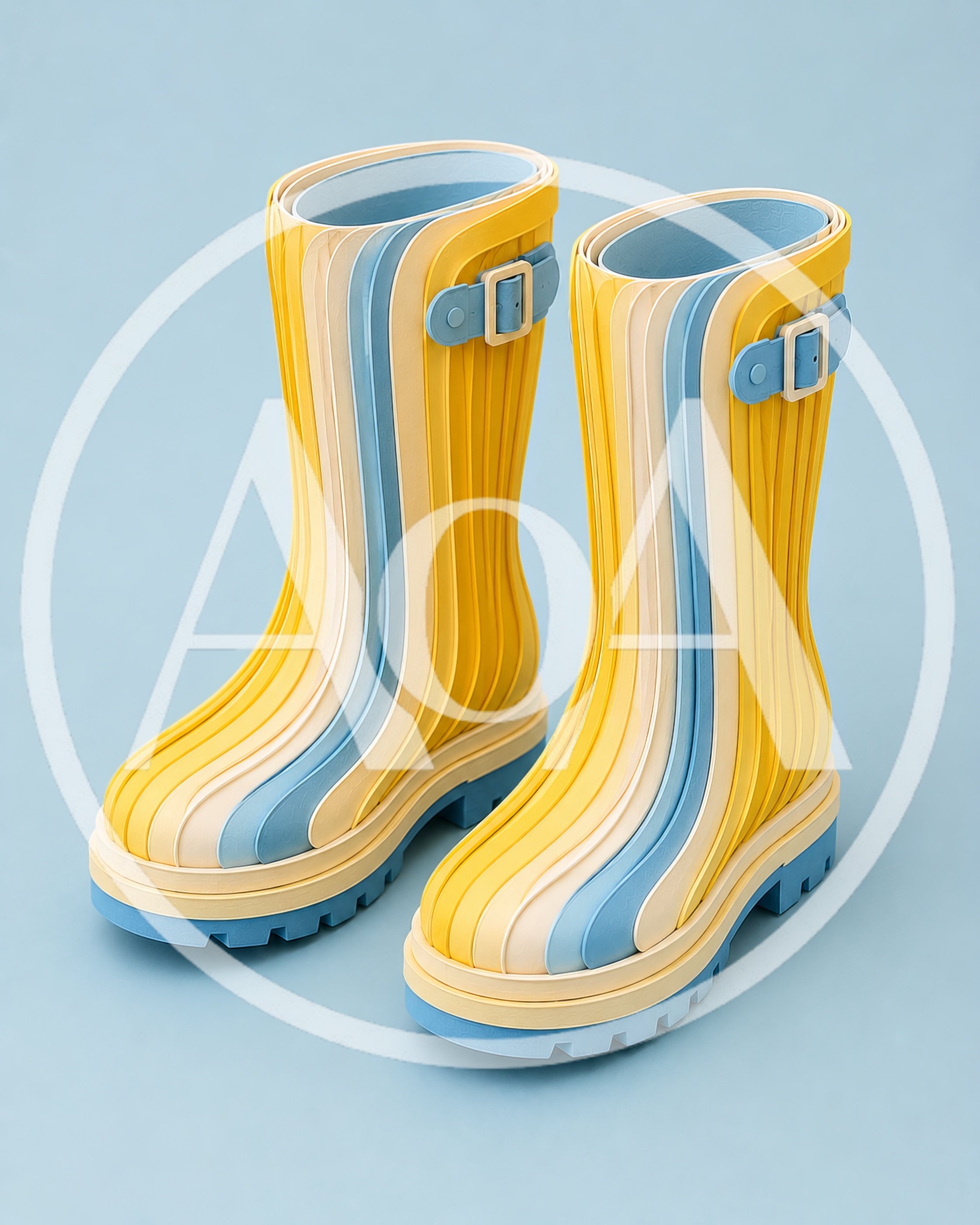 Pair of Layered Yellow and Blue Rain Boots