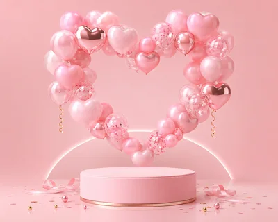 Pink Podium Display With Heart Shaped Balloon Arch