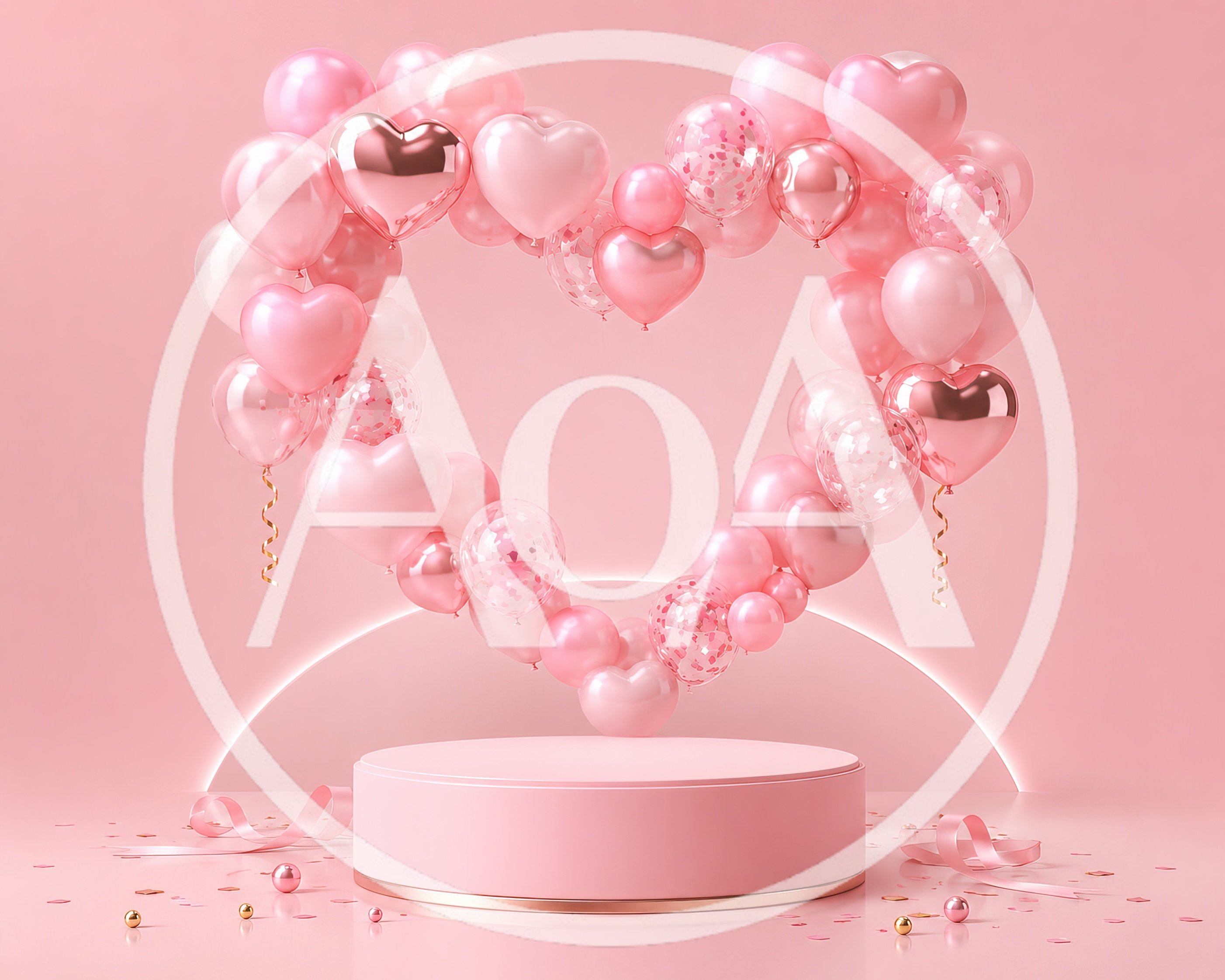 Pink Podium Display With Heart Shaped Balloon Arch