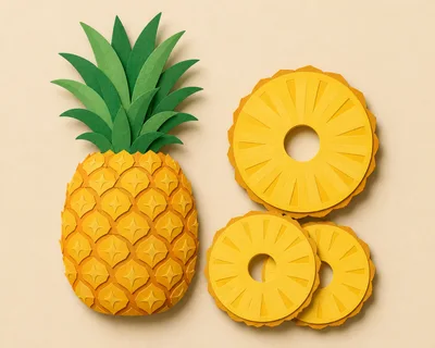Paper Craft Pineapple And Slices On Beige Background