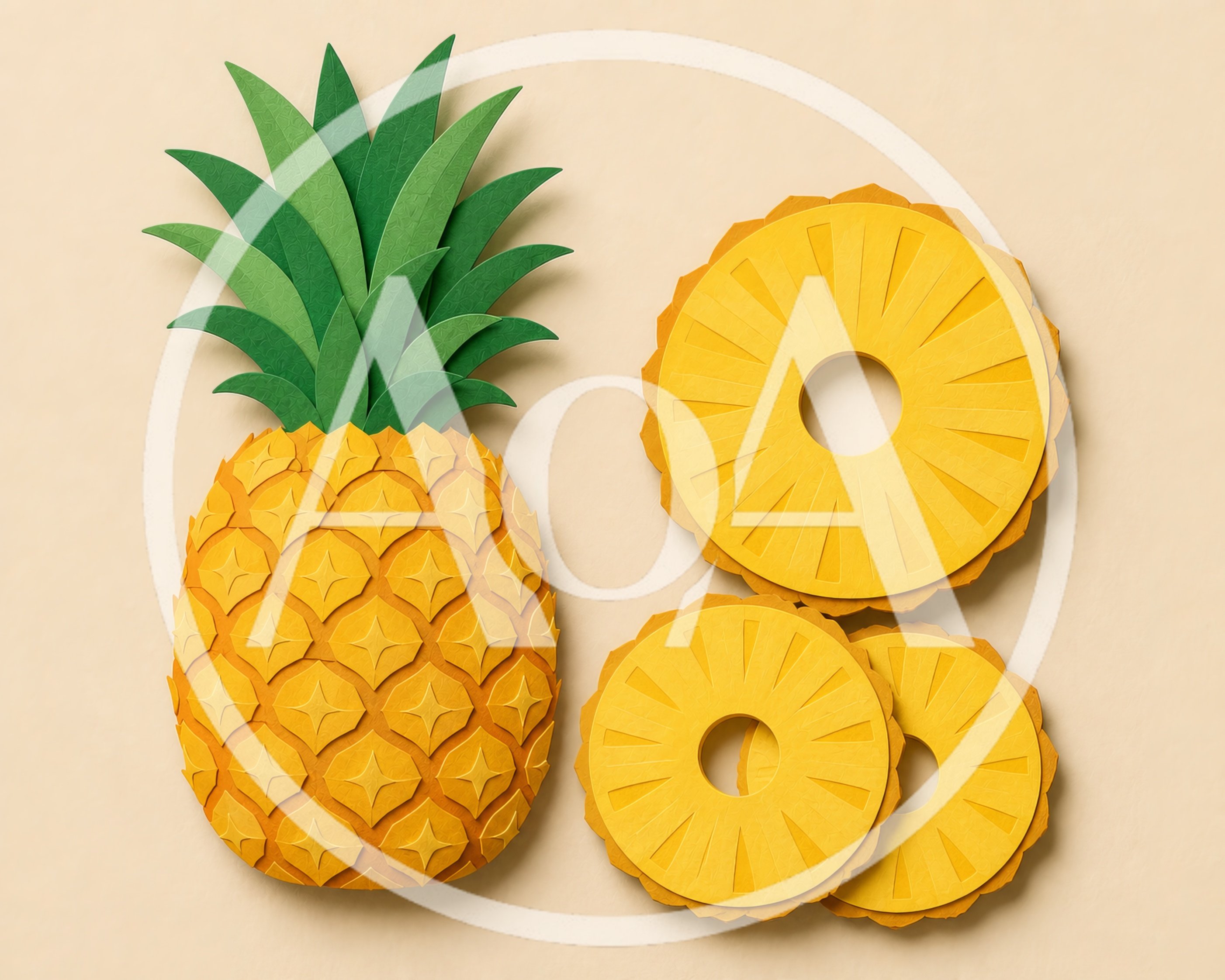 Paper Craft Pineapple And Slices On Beige Background