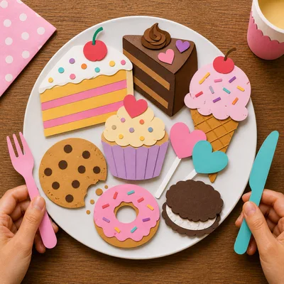 Paper Craft Dessert Plate With Hands Holding Cutlery