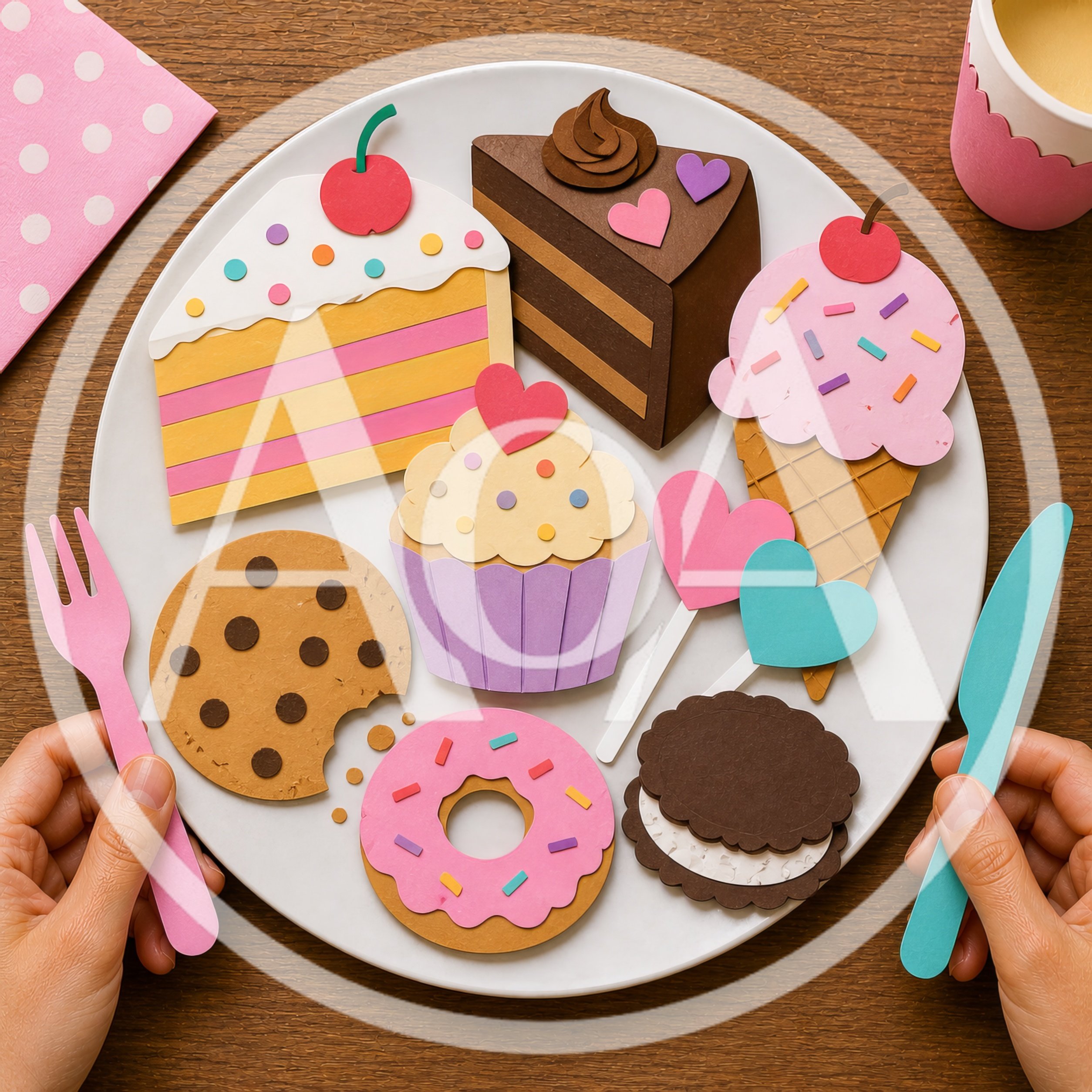 Paper Craft Dessert Plate With Hands Holding Cutlery
