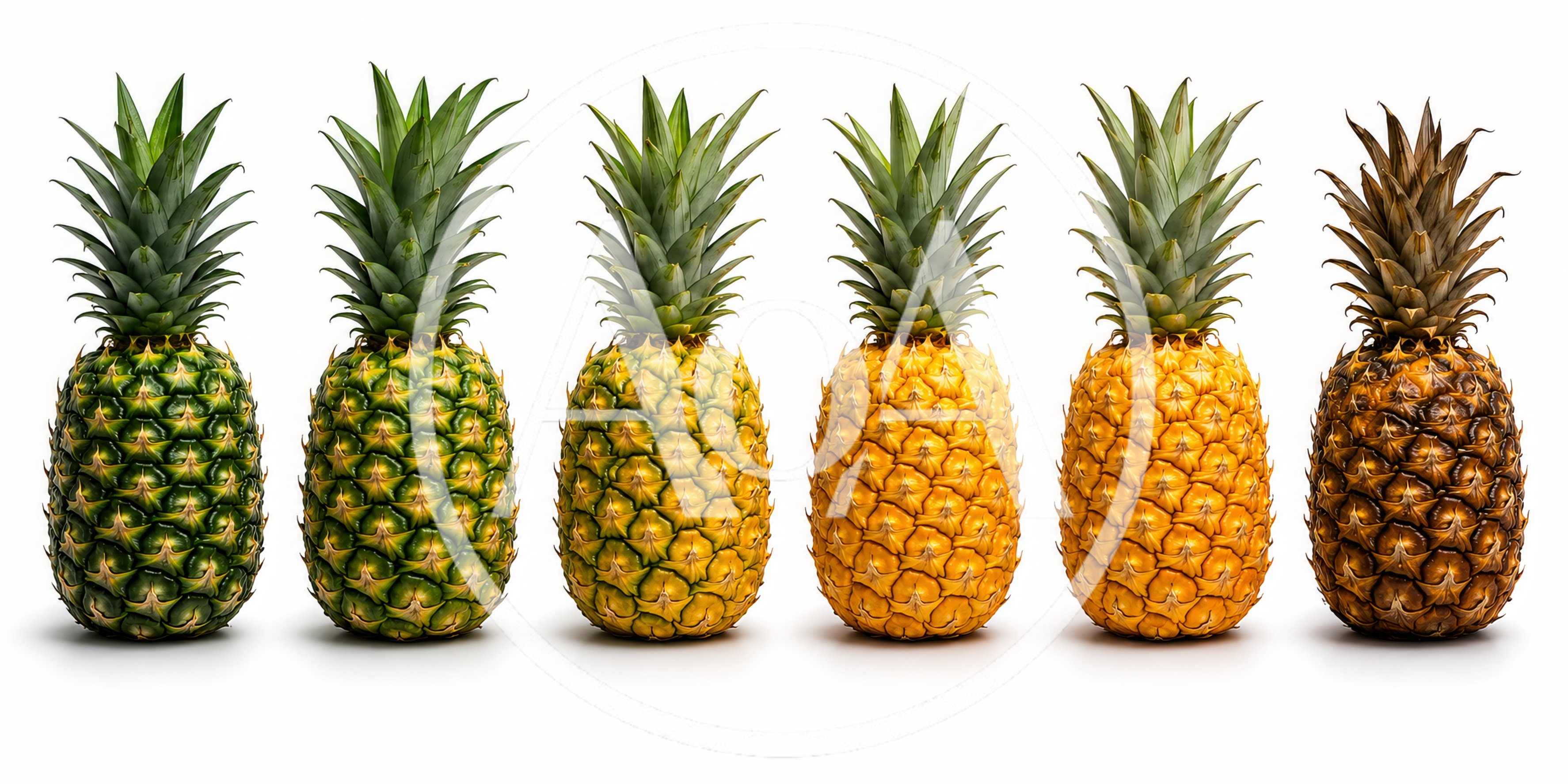 Six Pineapples Showing Stages Of Ripening