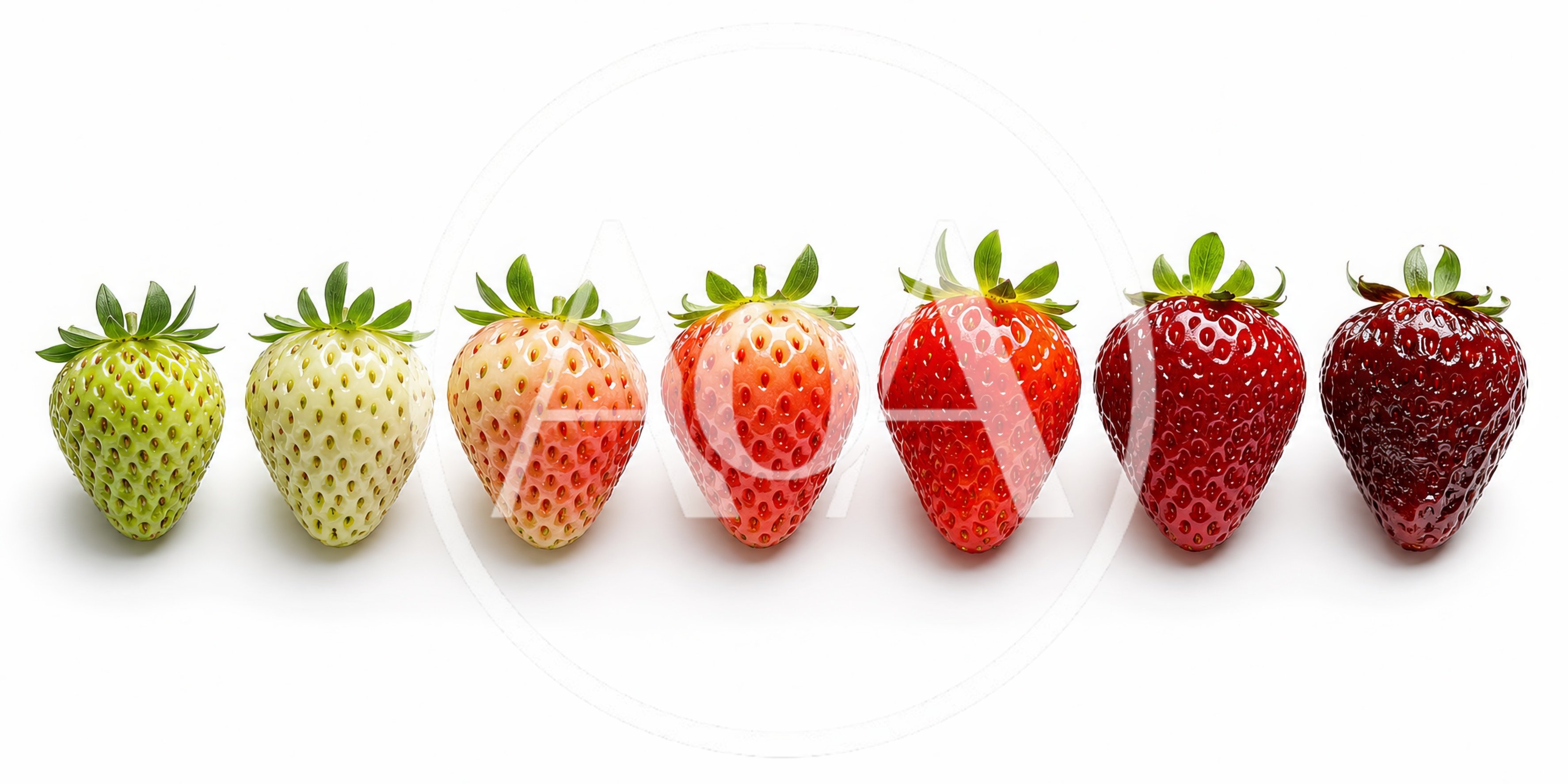 Seven Strawberries Showing Ripening Stages In A Row