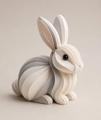 Paper Craft Rabbit Sculpture On Neutral Background