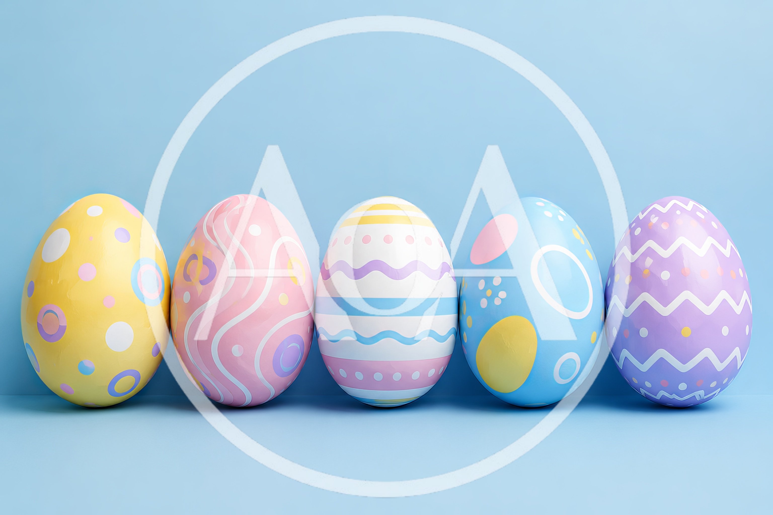 Five Colorful Decorated Easter Eggs In A Row