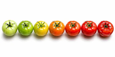 Seven Tomatoes Showing Ripening Stages From Green To Rotten