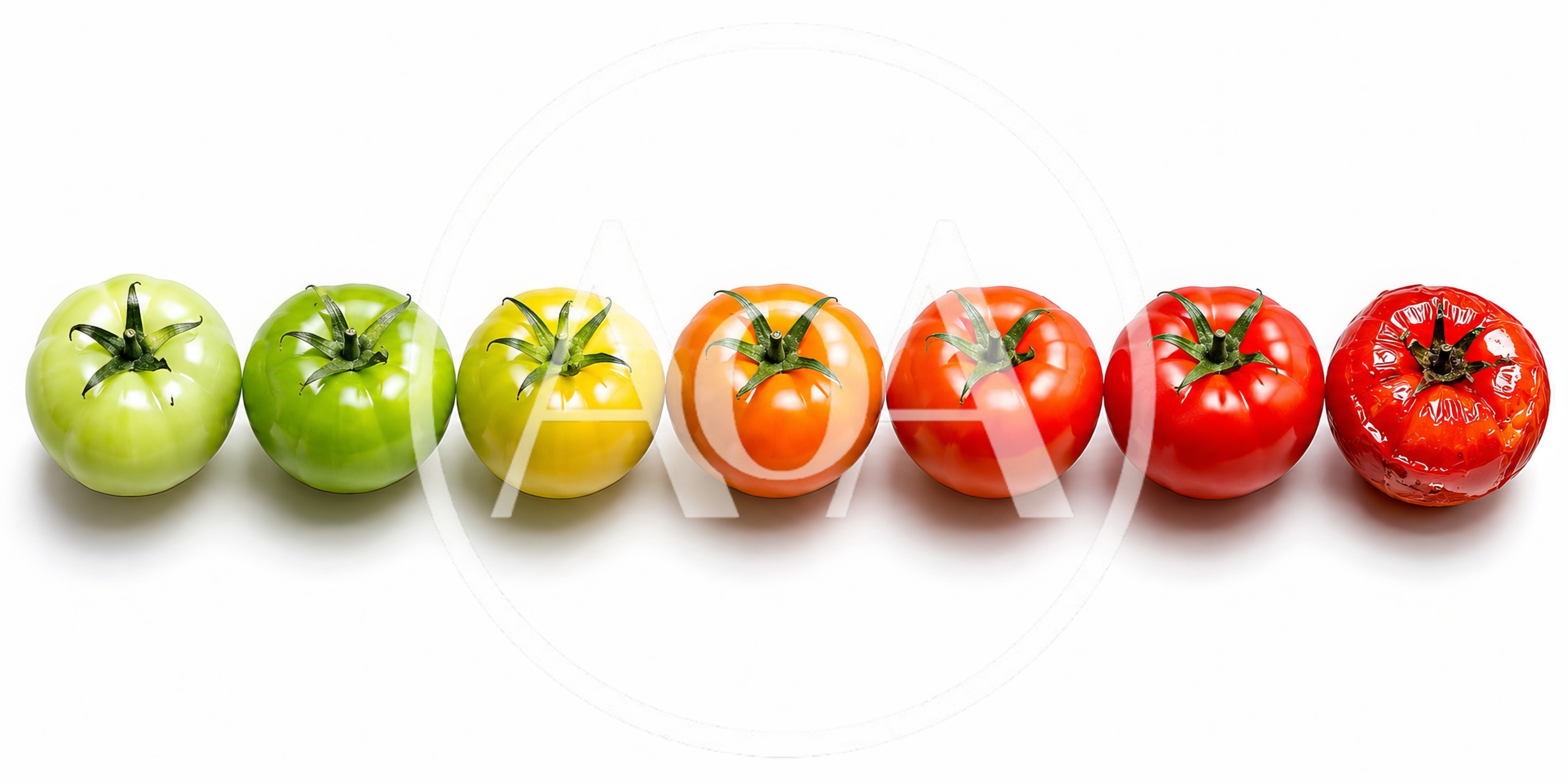 Seven Tomatoes Showing Ripening Stages From Green To Rotten