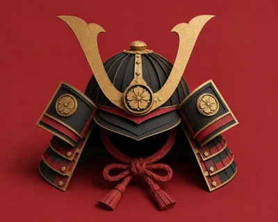 Traditional Japanese Samurai Helmet On Red Background