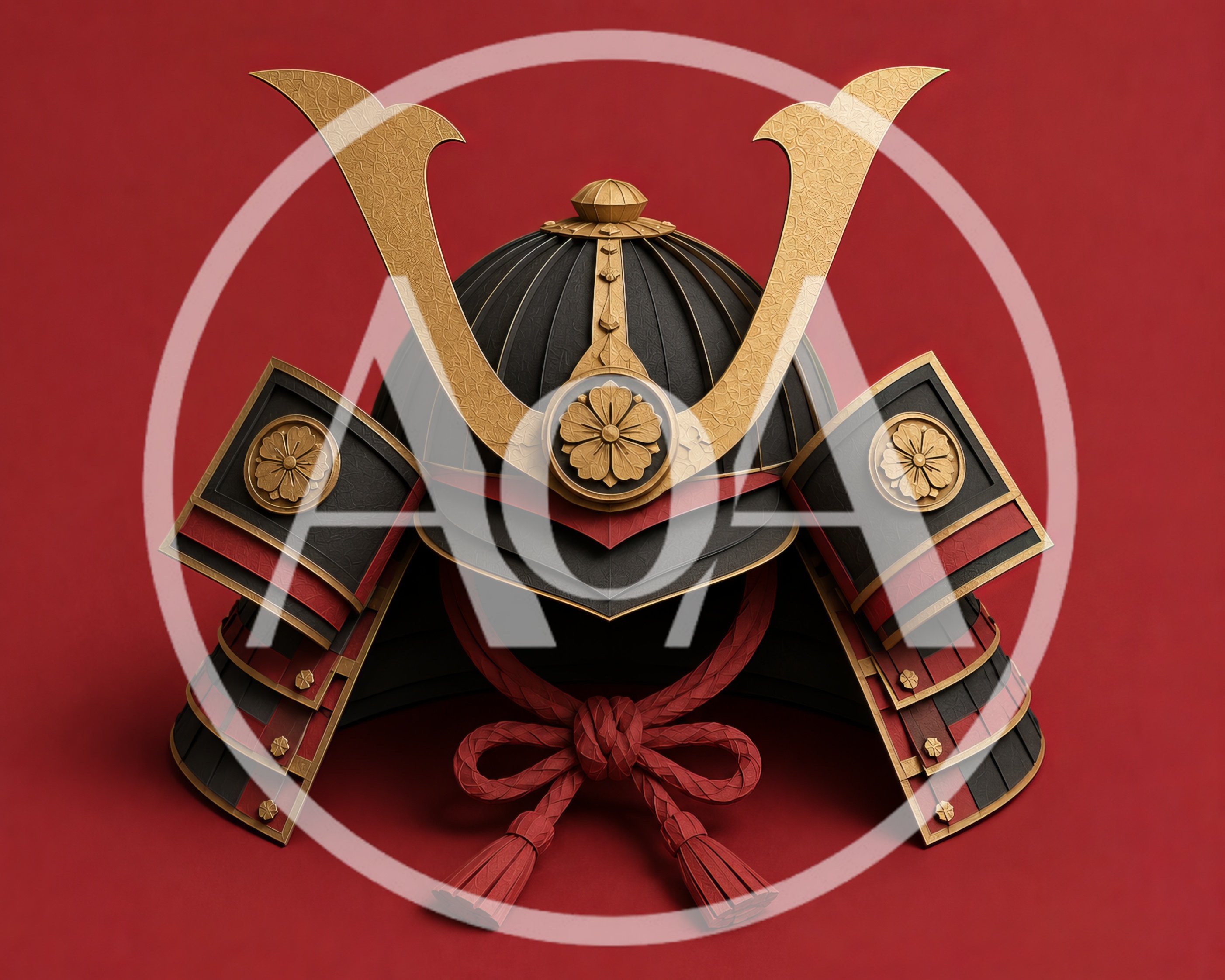 Traditional Japanese Samurai Helmet On Red Background