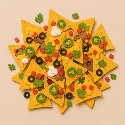 Top View Of Gourmet Nachos With Toppings