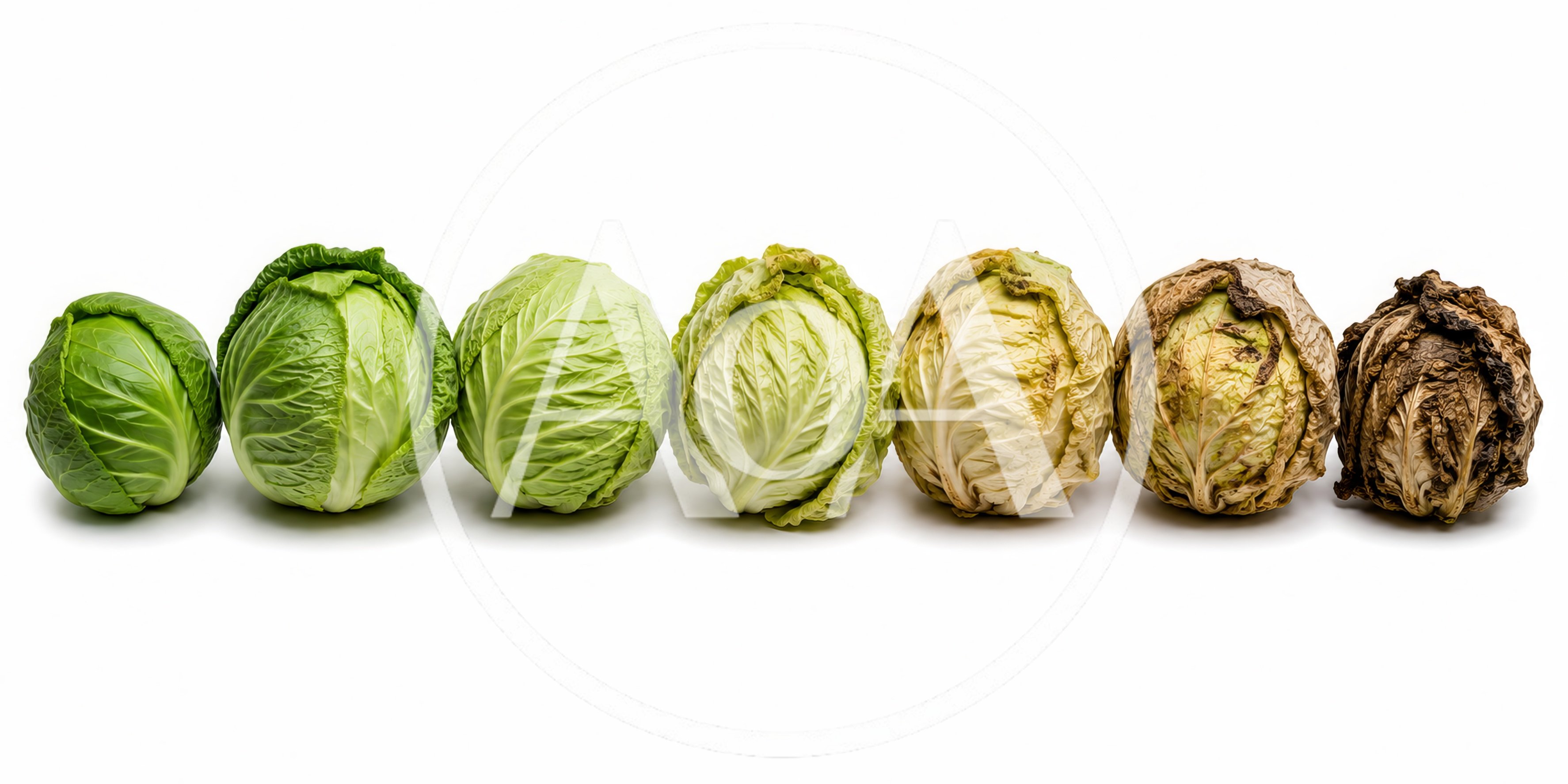 Seven Cabbages Showing Stages Of Decay