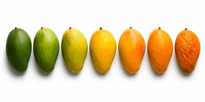 Seven Mangoes Showing Ripening Stages In A Row