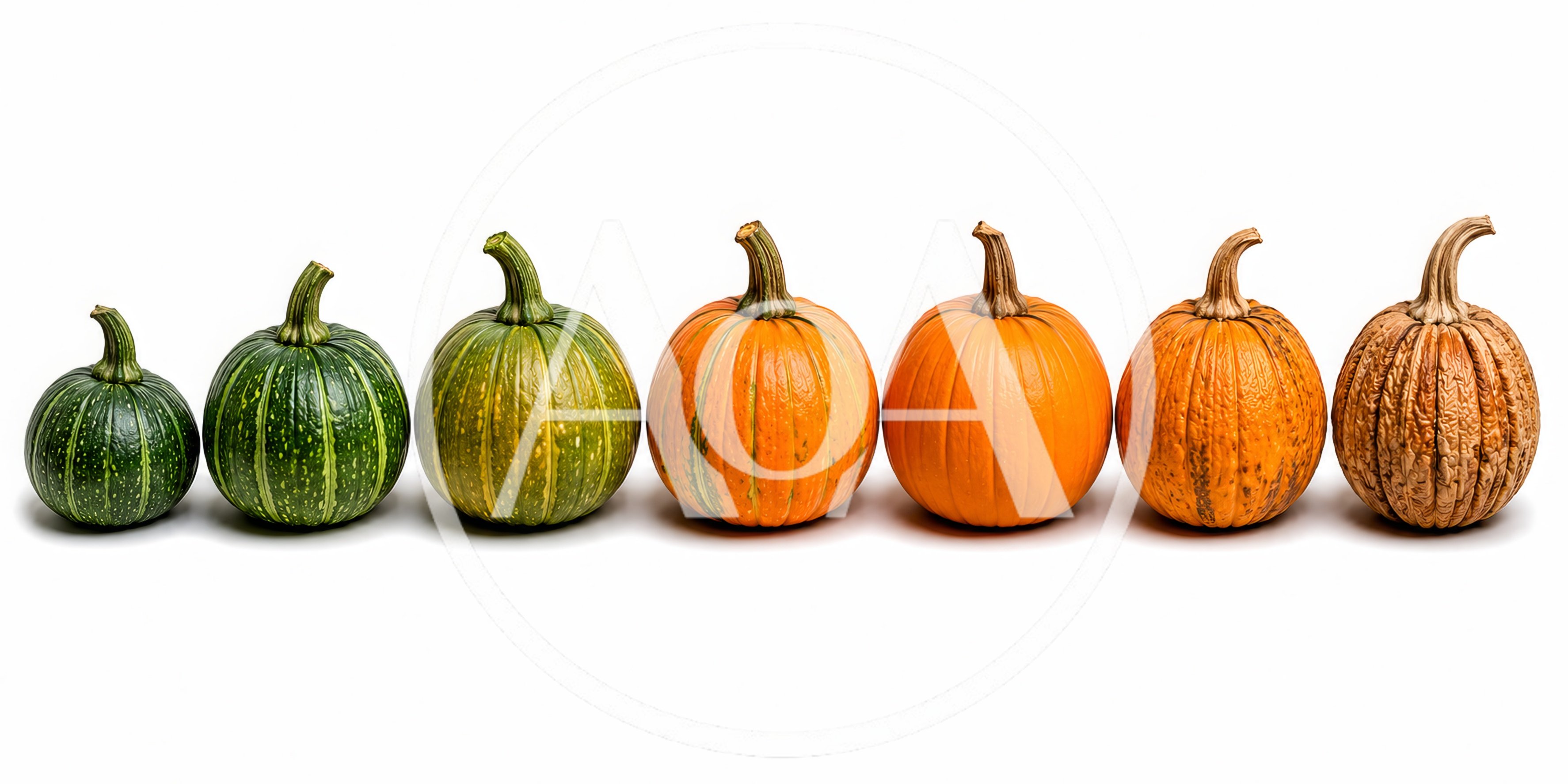 Seven Pumpkins Showing Stages Of Ripening And Decay