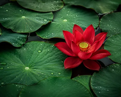 Vibrant Red Lotus Flower Floating On Green Lily Pads