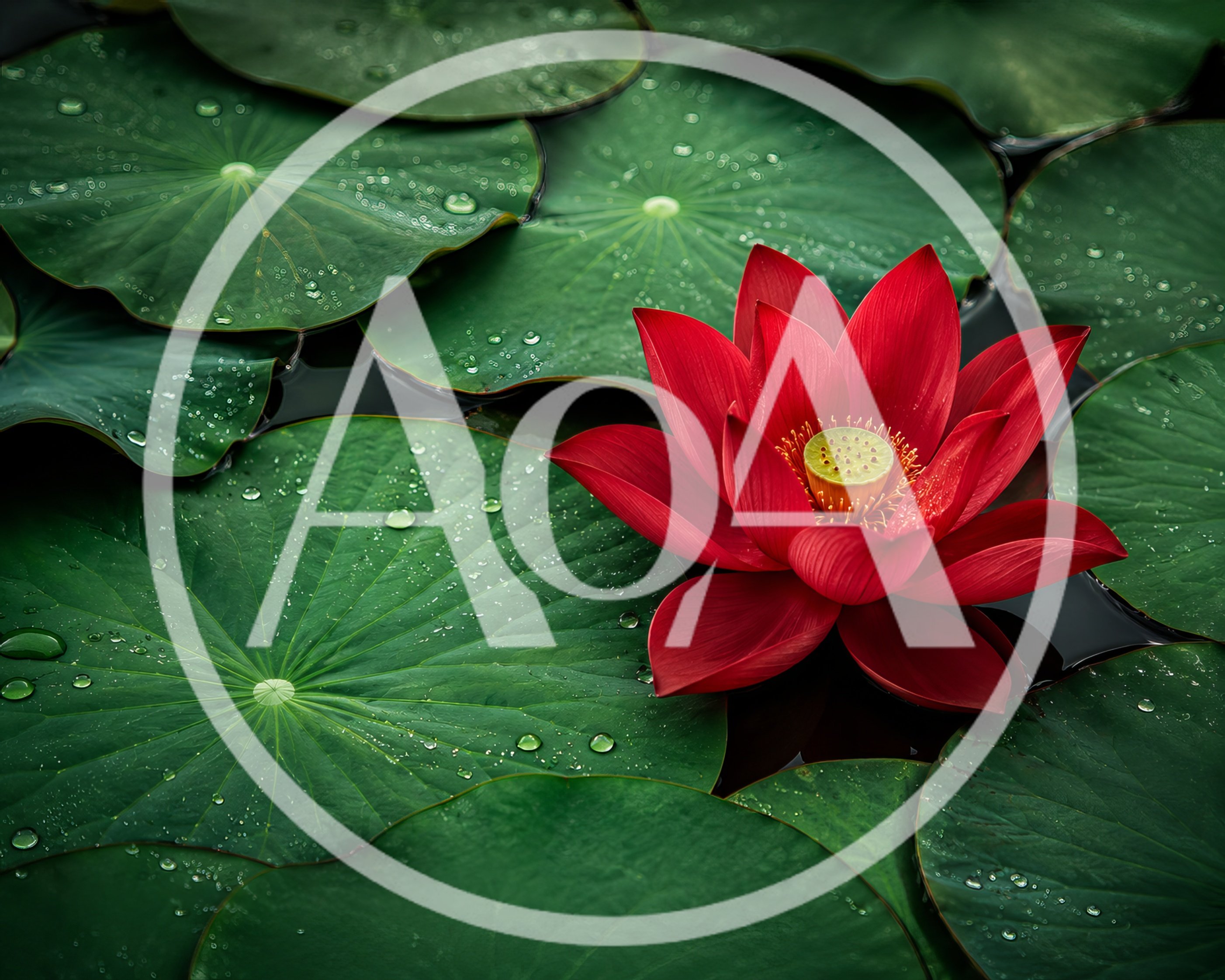 Vibrant Red Lotus Flower Floating On Green Lily Pads