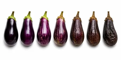 Seven Eggplants Showing Stages Of Decay