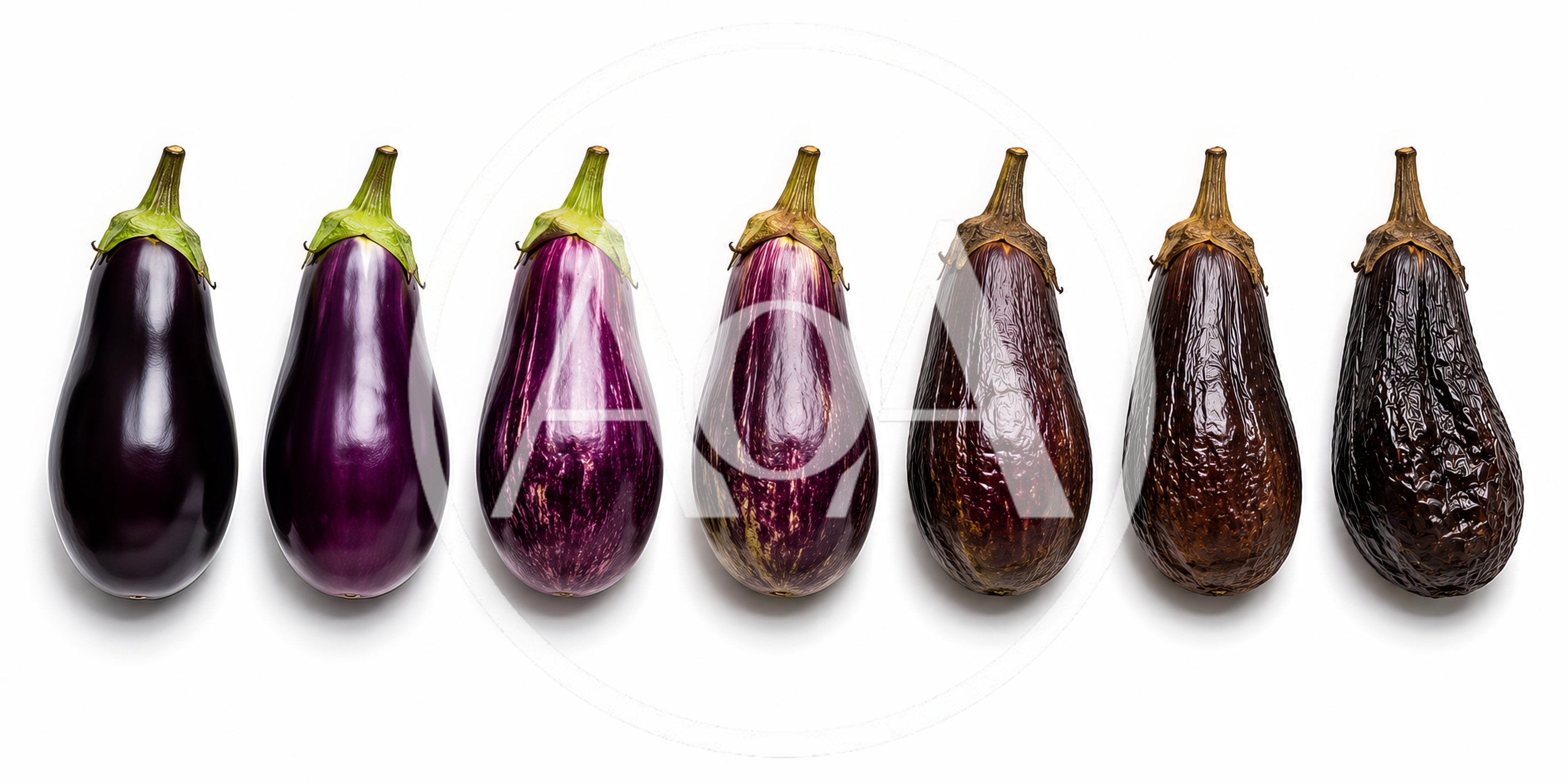 Seven Eggplants Showing Stages Of Decay