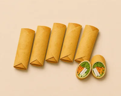 Five Whole And Two Halved Vegetable Spring Rolls