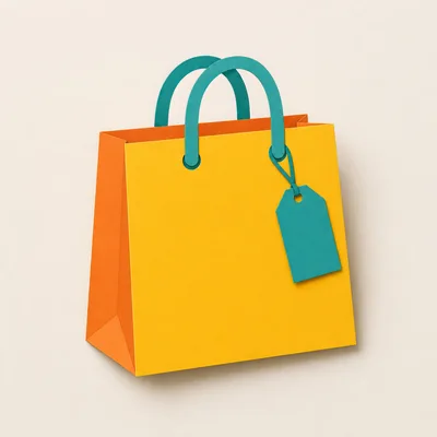Yellow Shopping Bag With Teal Handles And Tag