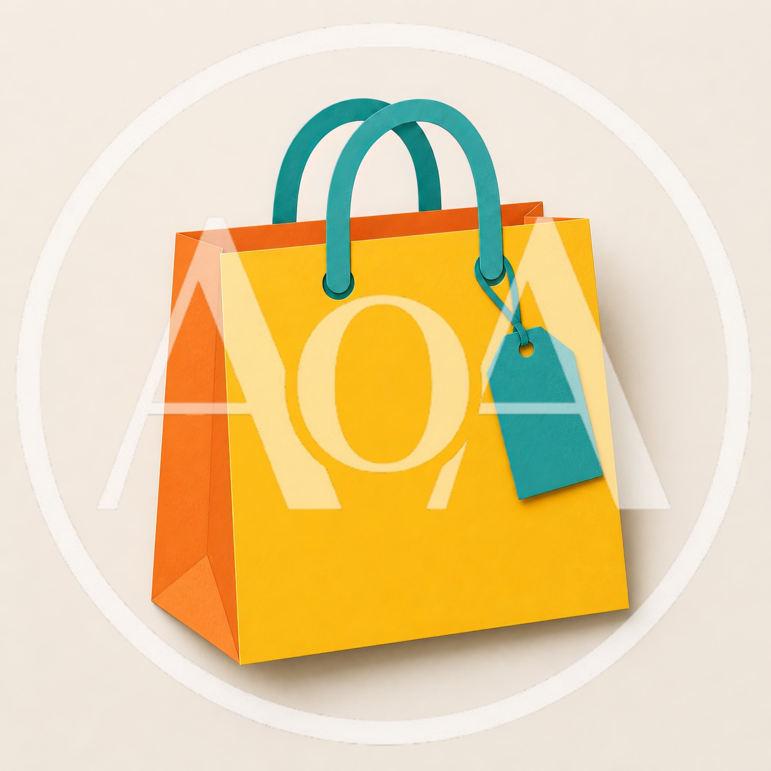 Yellow Shopping Bag With Teal Handles And Tag