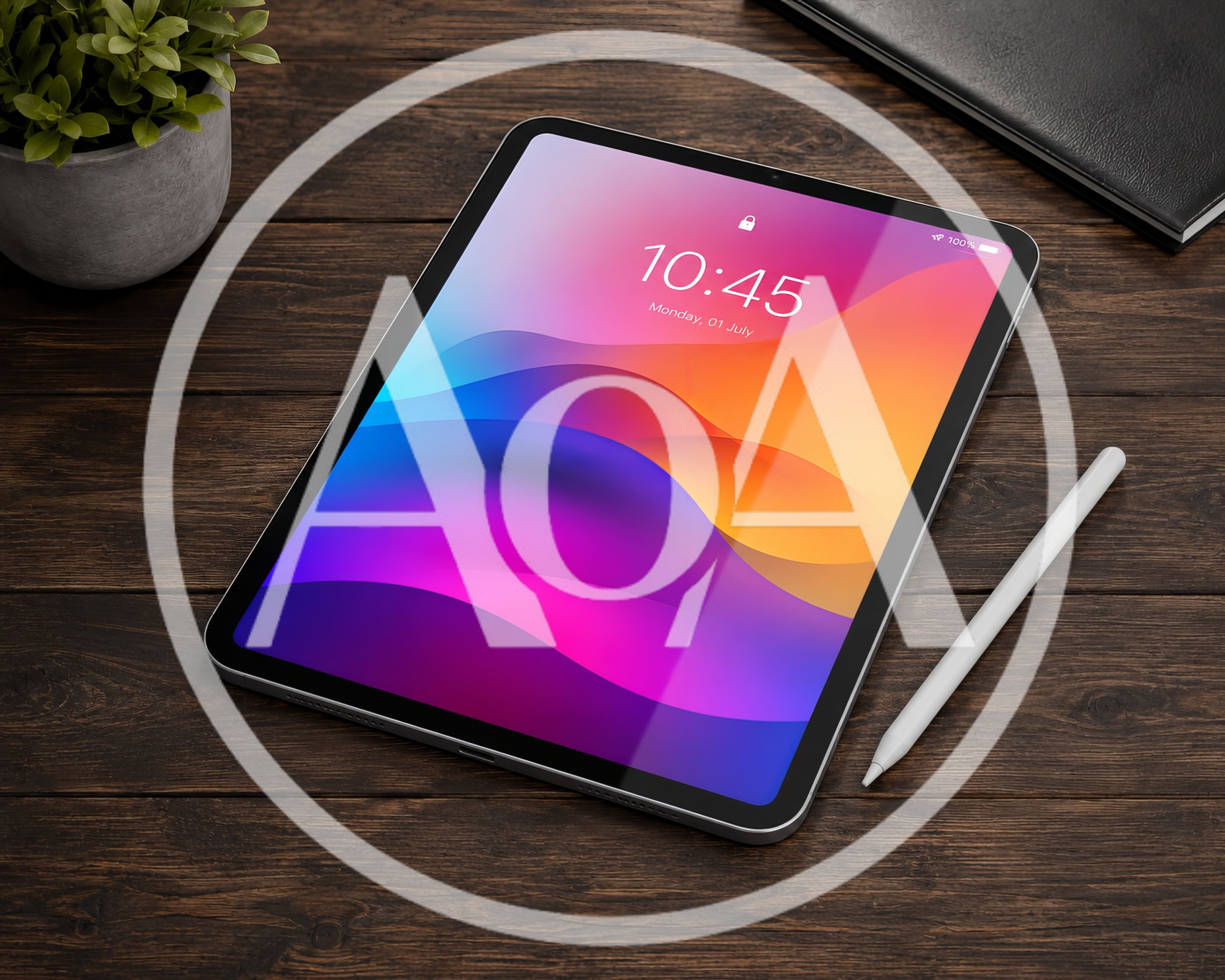 Digital Tablet With Stylus On Wooden Desk