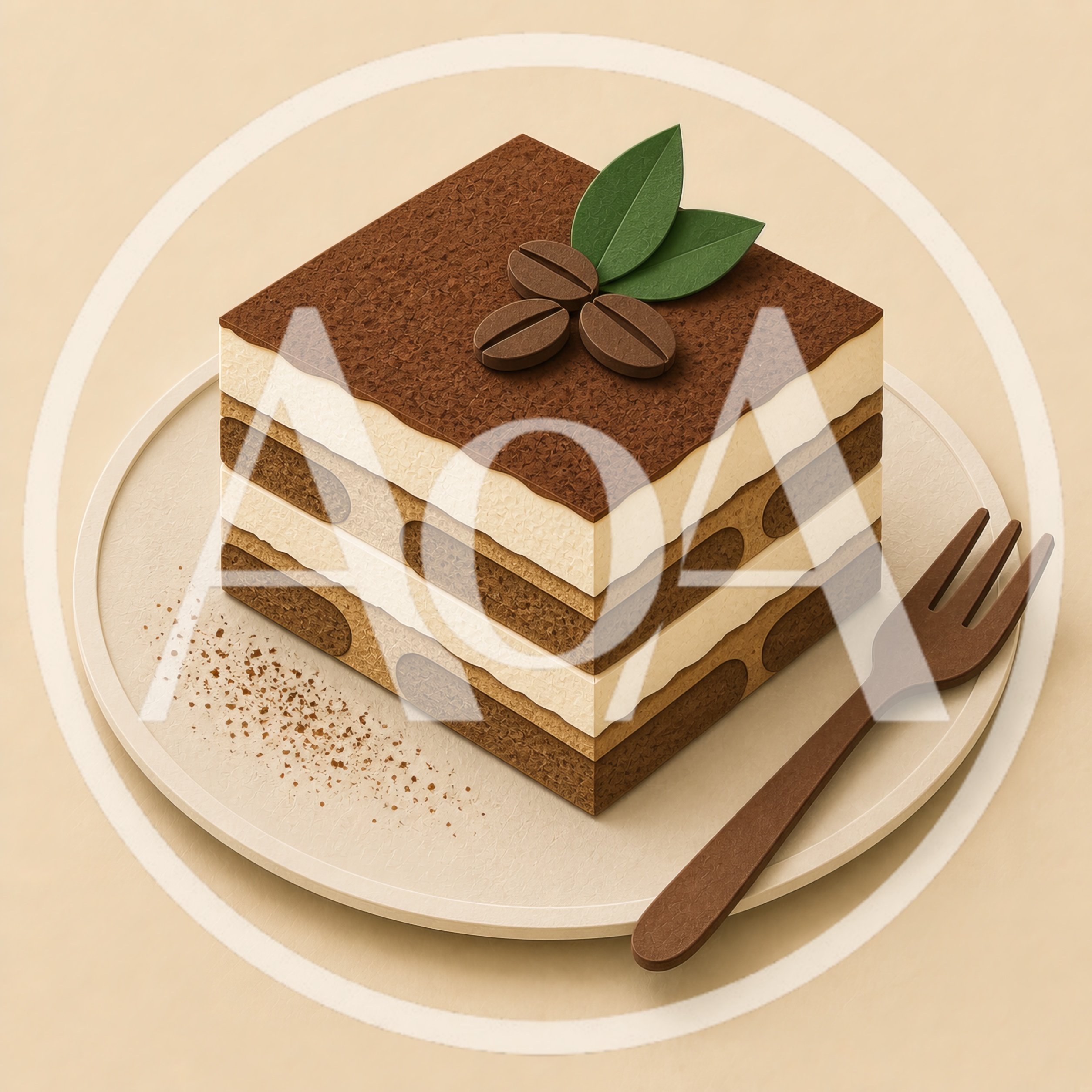 Isometric Tiramisu Dessert Square on a Plate