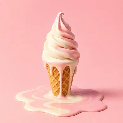 Swirled Soft Serve Ice Cream Melting On Pink Background
