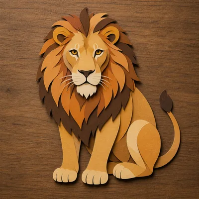 Paper Cutout Style Lion Illustration On Wood Background