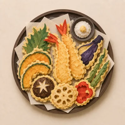 Paper Craft Tempura Platter With Assorted Vegetables And Shrimp