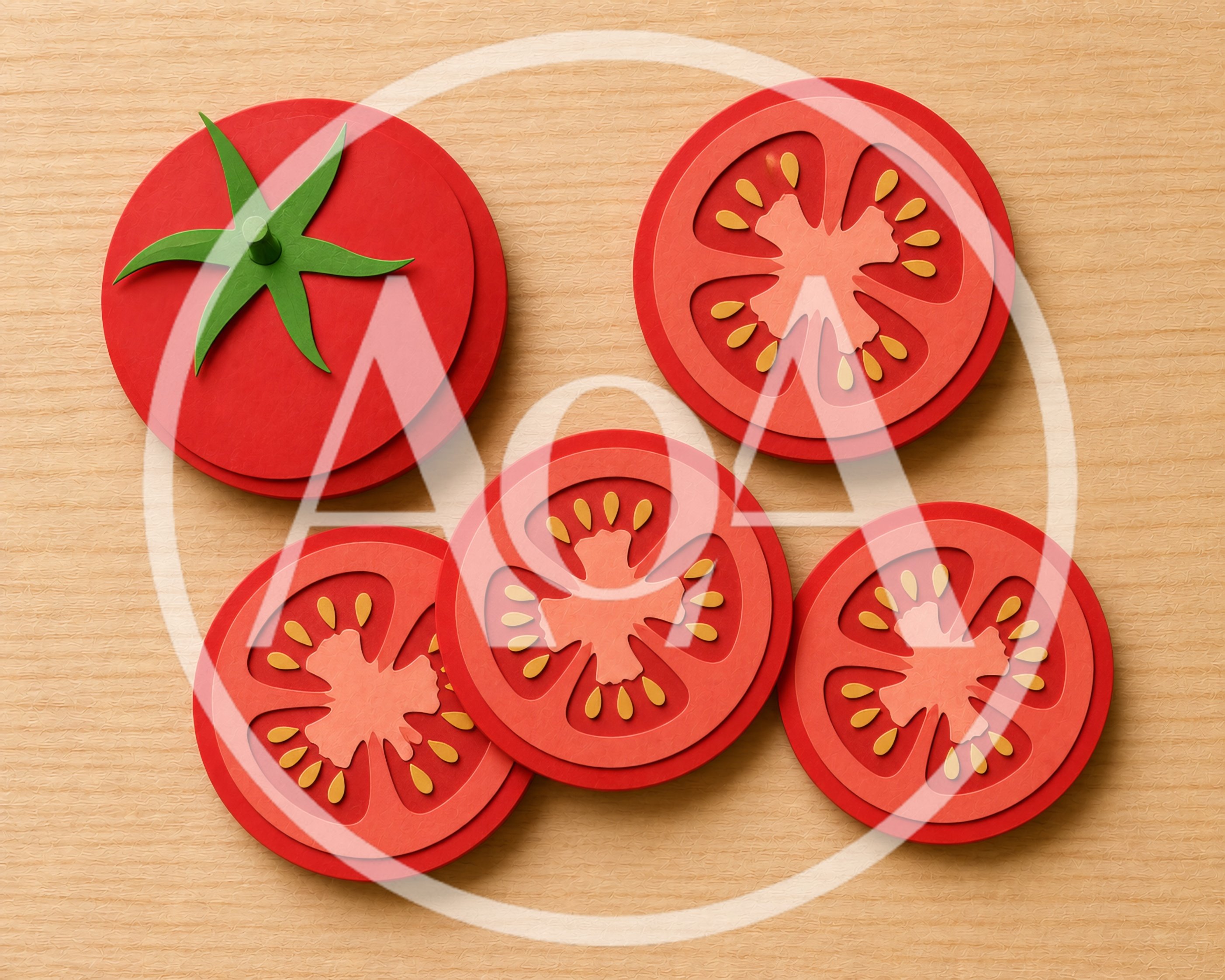 Paper Cutout Tomato Slices On Wooden Background