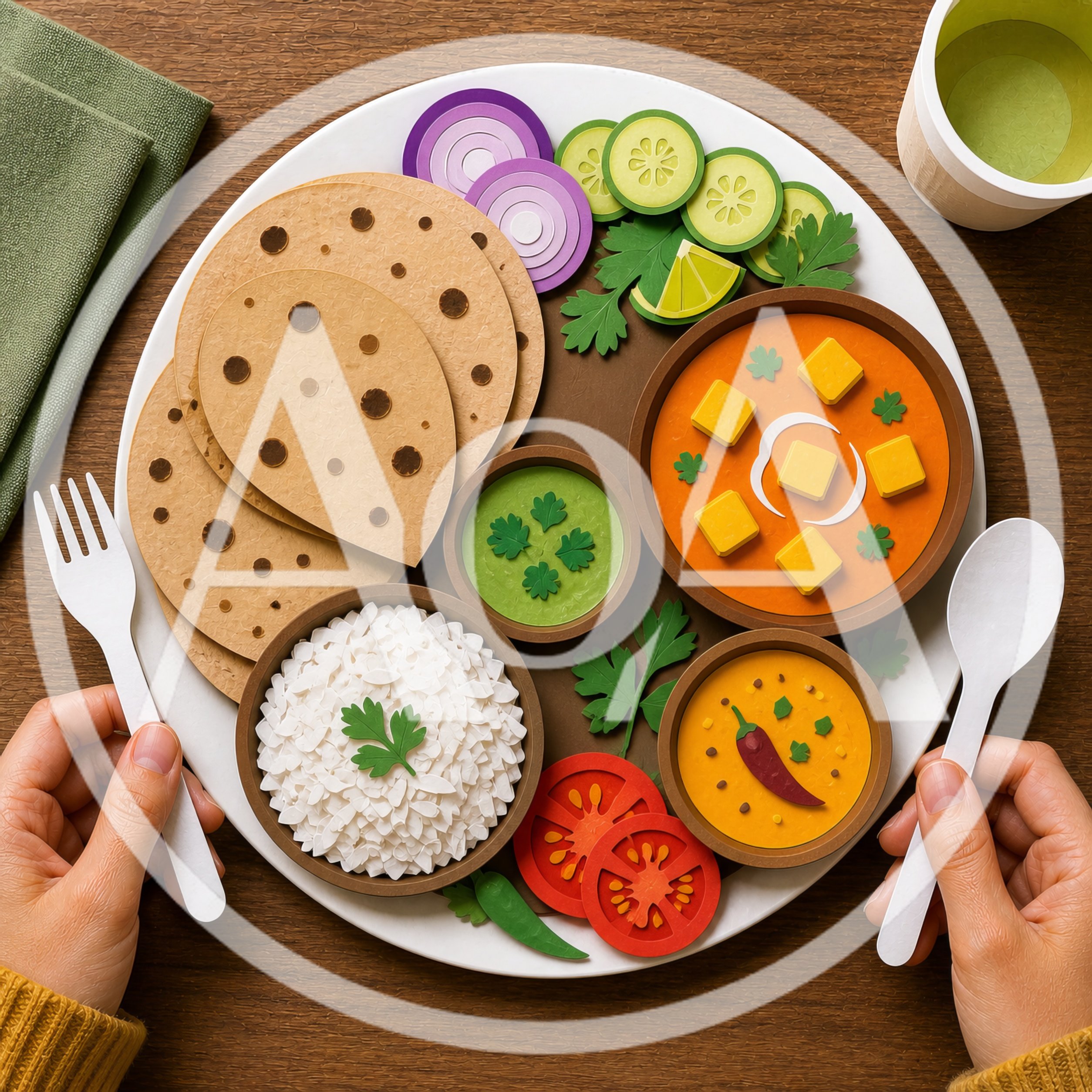 Paper Craft Indian Thali Meal With Hands