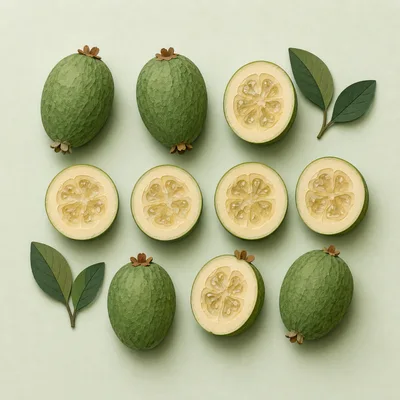 Fresh Feijoa Fruit Arrangement on Light Green Background